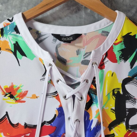Slim Factor by Investments Womens Top S Multicolor Lace Up Tunic Floral Artsy - Picture 5 of 10